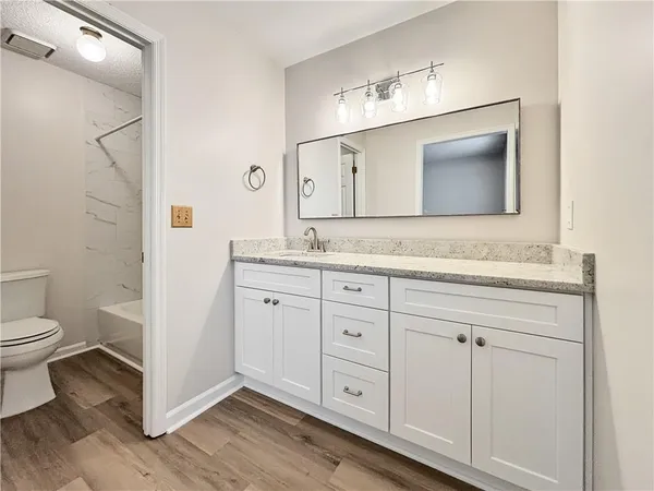 a bathroom with a granite countertop sink toilet and mirror