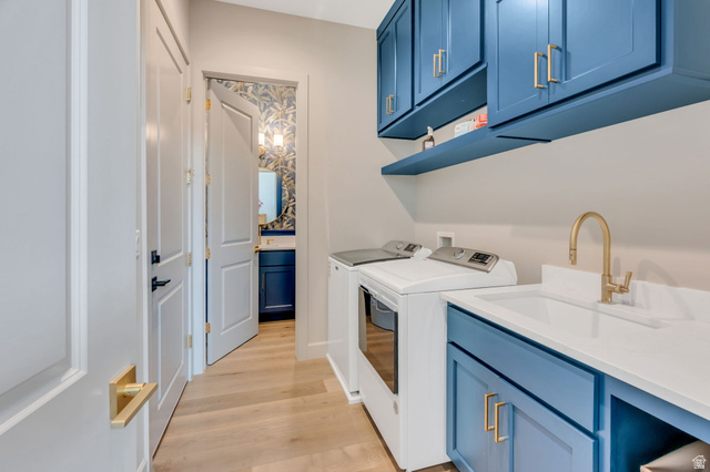 250 South Main Street, Unit 10 Alpine, UT 84004 - Photo 7 of 29 Laundry area featuring a built-in utility sink with gold-tone faucet, blue cabinetry with gold-tone hardware, and wood-finish flooring