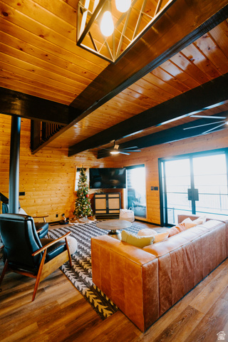 1413 Basel Drive Midway, UT 84049 - Photo 12 of 137 Living area featuring wooden walls, a wood ceiling with exposed beams, wood finished floors, ceiling fan, and a wood stove