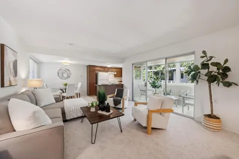 a living room with furniture and a potted plant