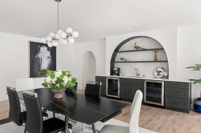 a view of a dining room with furniture