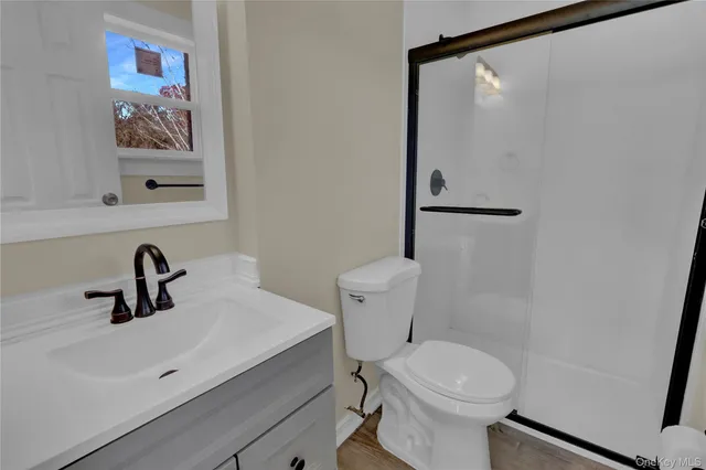 a bathroom with a sink mirror and toilet