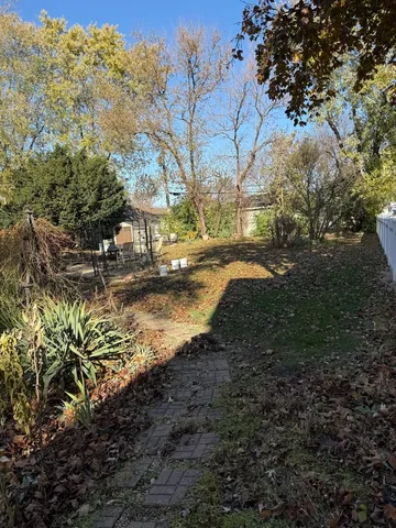 a view of a yard with large trees