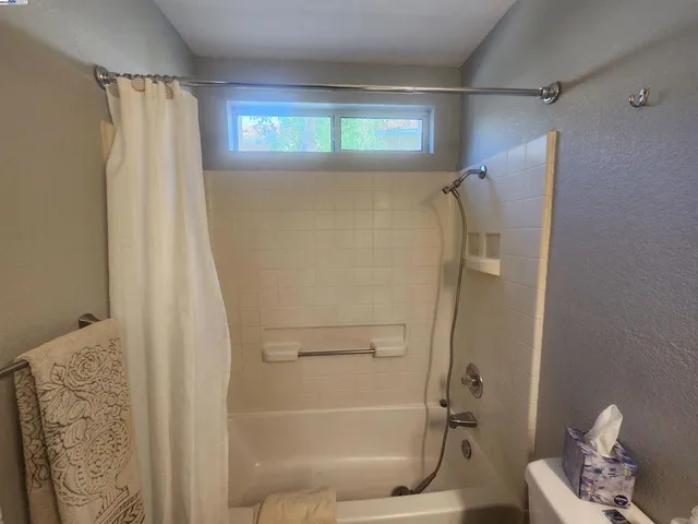 a bathroom with a shower and a toilet
