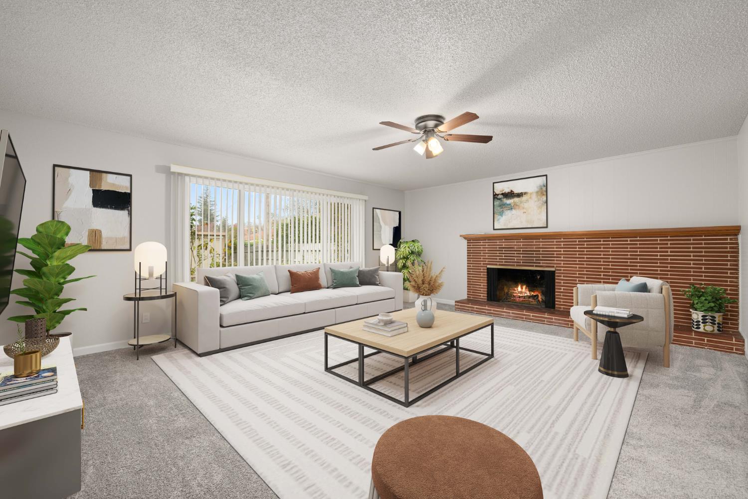 a living room with furniture a fireplace and a table