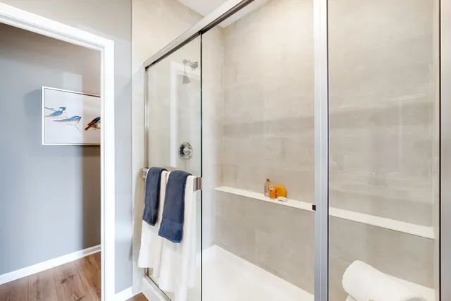 a bathroom with a shower and toilet