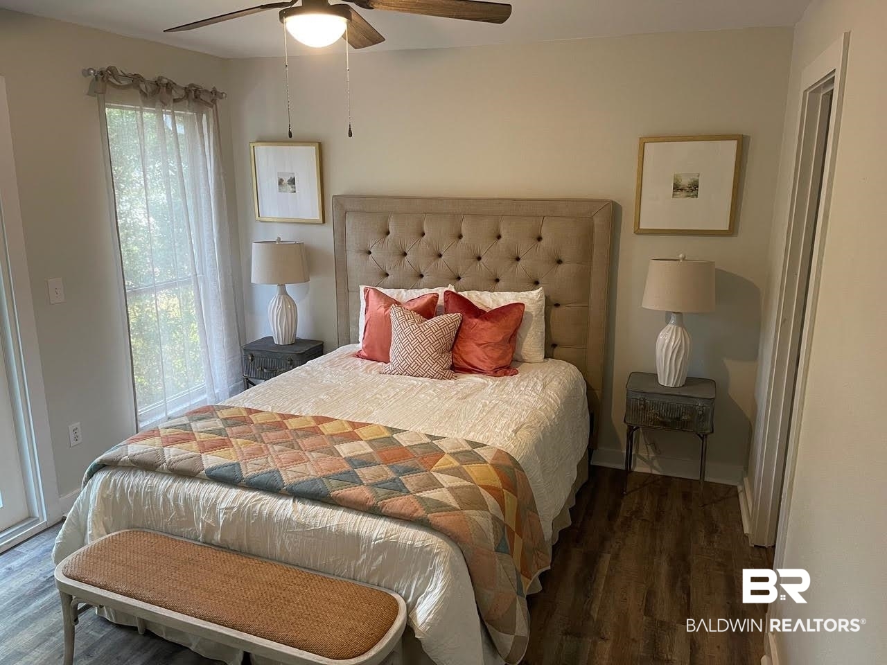 413 West Fort Morgan Road Gulf Shores, AL 36542 - Photo 20 of 29 Bedroom featuring baseboards, ceiling fan, and wood finished floors
