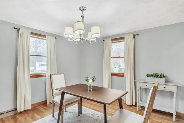 a view of a dining room with furniture window and wooden floor