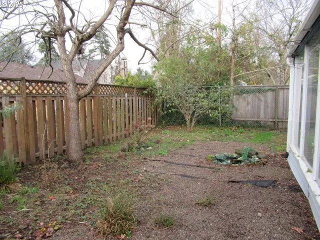a view of a backyard with large trees and wooden fence