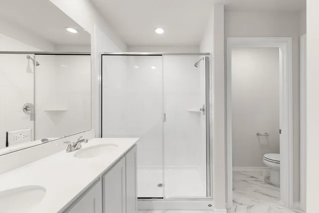 a bathroom with a double vanity sink toilet and shower