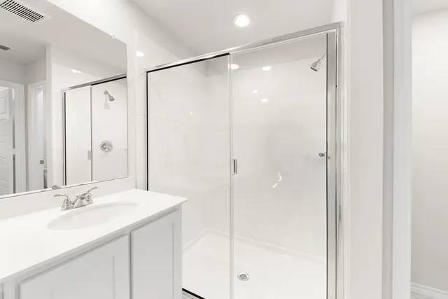 a bathroom with a shower sink vanity and mirror