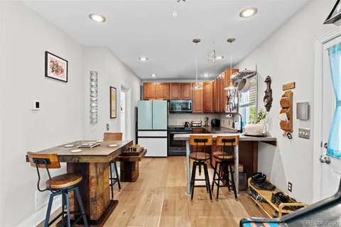 a view of a dining room with furniture and wooden floor
