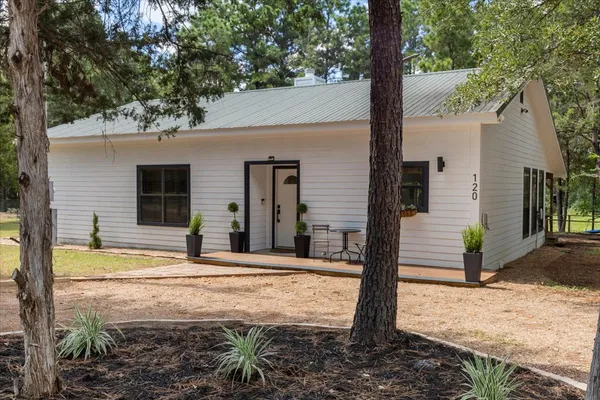 a view of a house with backyard and tree