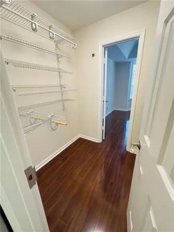 a view of walk in closet with wooden floor