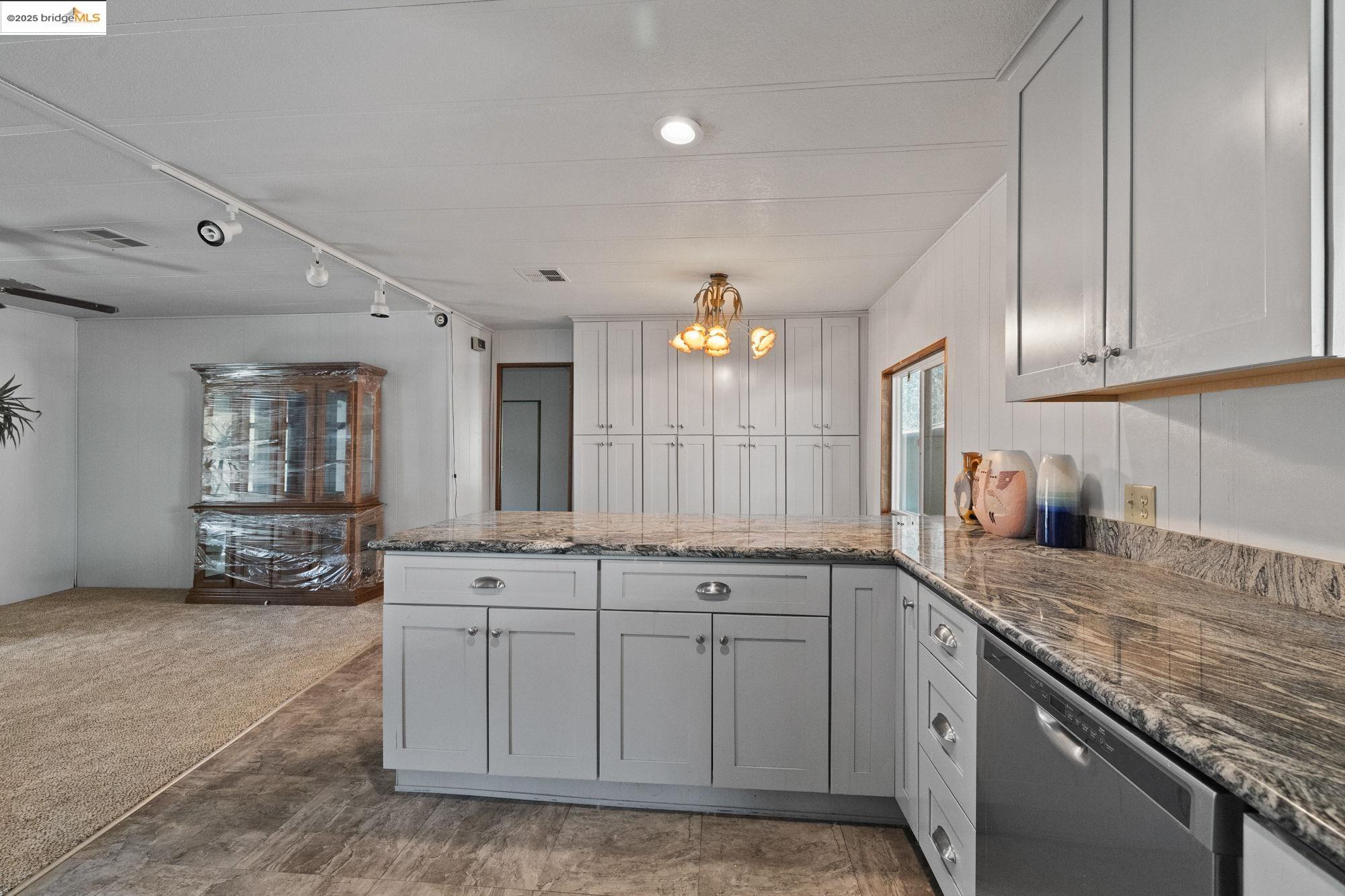 10956 Green Street, Unit 186 Columbia, CA 95310 - Photo 9 of 21 Kitchen featuring gray cabinetry, dark stone counters, dishwasher, a peninsula, and track lighting