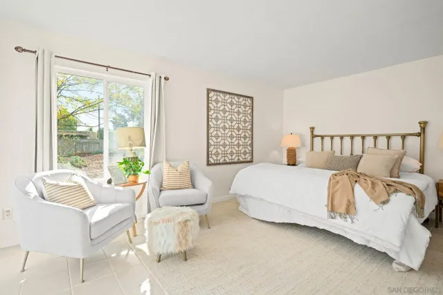 a spacious bedroom with a bed and a large window