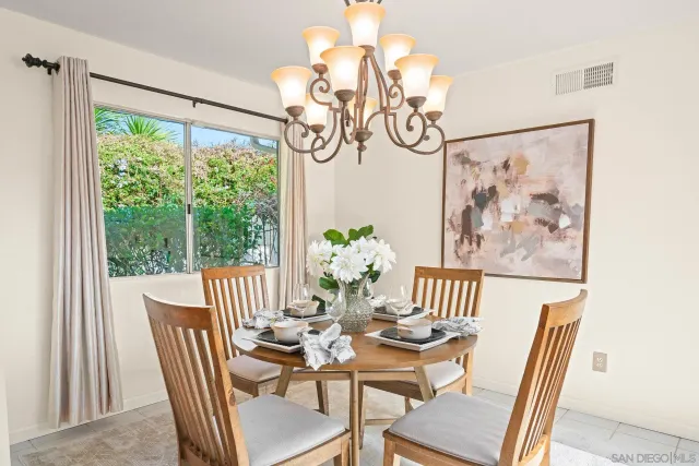 a view of a dining room with furniture window and outside view