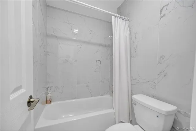 a bathroom with a bathtub and a toilet
