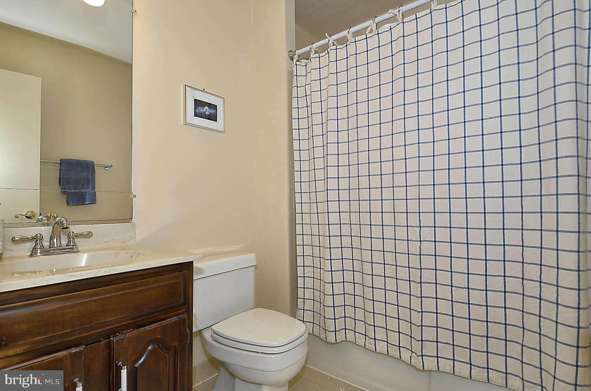 10708 Brewer House Road North Bethesda, MD 20852 - Photo 21 of 26 a bathroom with a blue sink a toilet and a mirror