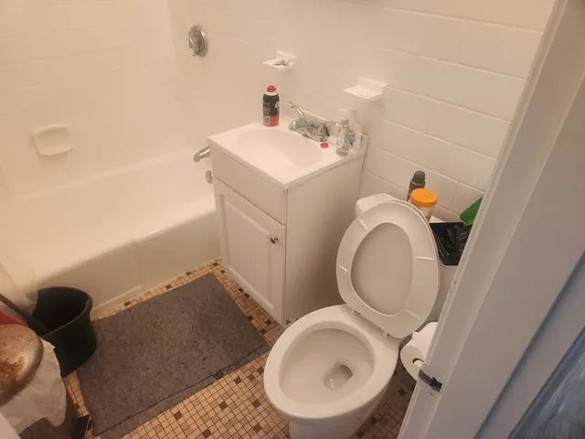 a bathroom with a sink a toilet and a mirror