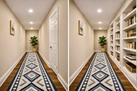 a view of a hallway with furniture and floor to ceiling window
