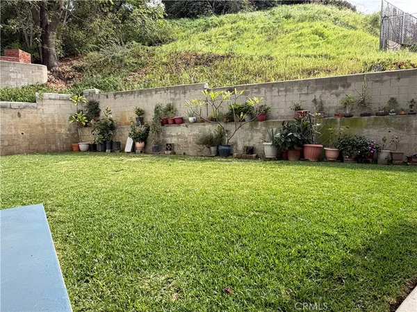 a view of a garden with a building in the background
