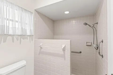 a bathroom with a shower and a toilet