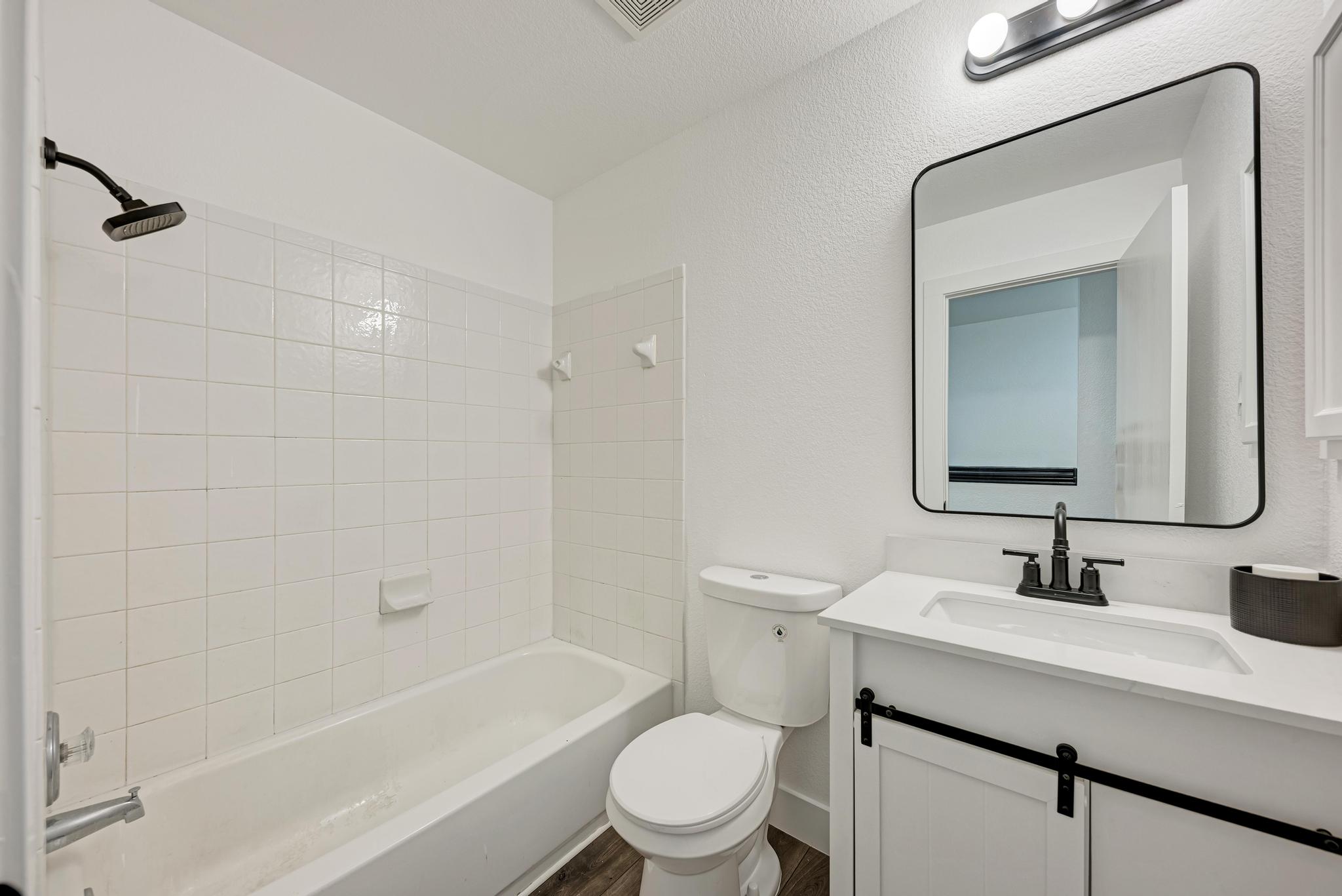 18108 Belfry Pass Manor, TX 78653 - Photo 31 of 40 a bathroom with a bathtub shower sink vanity mirror and toilet