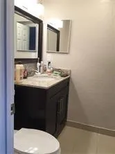 a bathroom with a sink a toilet a mirror and vanity