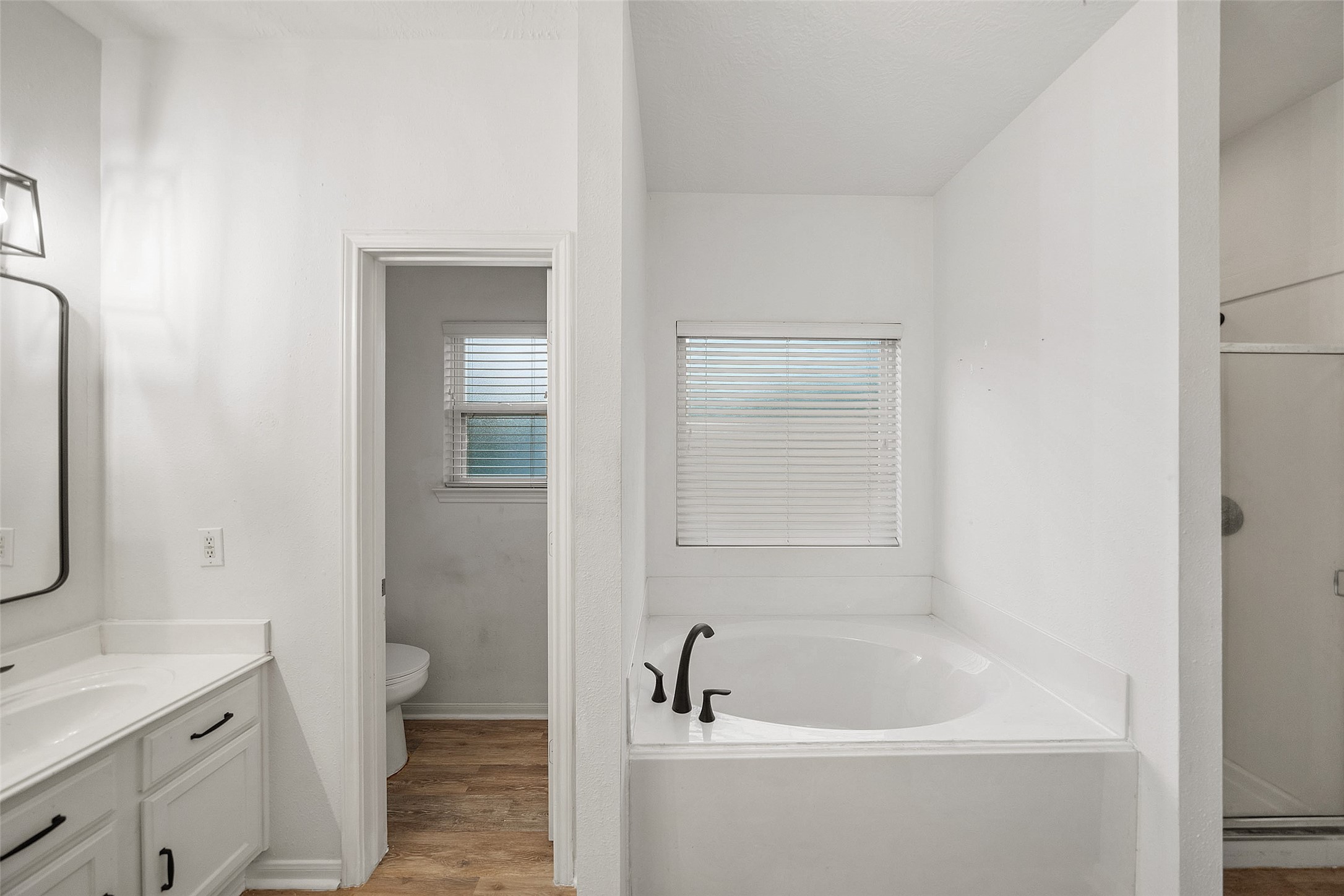 118 Pin Oak Lane Hempstead, TX 77445 - Photo 19 of 29 Spacious primary bathroom featuring a soaking tub, separate shower, enclosed toilet area, and natural light.