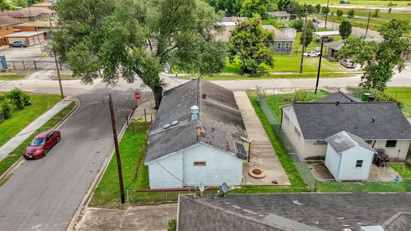 an aerial view of a house with garden