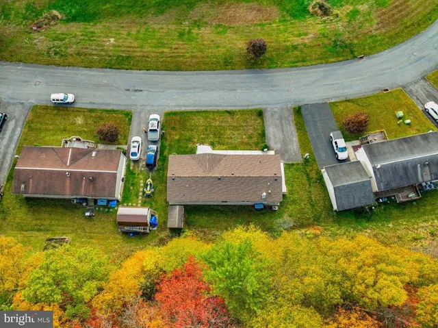 a aerial view of a house with swimming pool and large trees