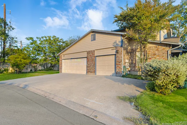 a backyard of a house with plants and trees