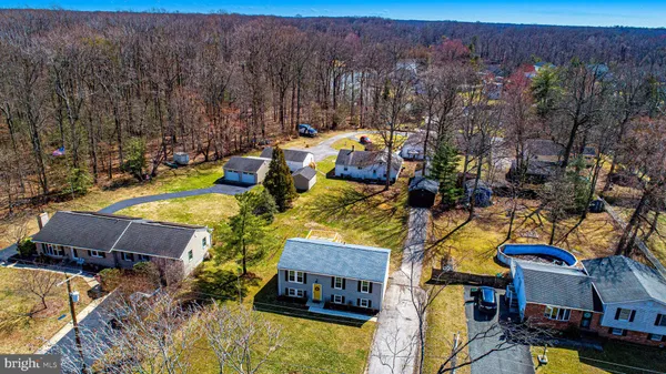 a aerial view of a house with swimming pool and large trees