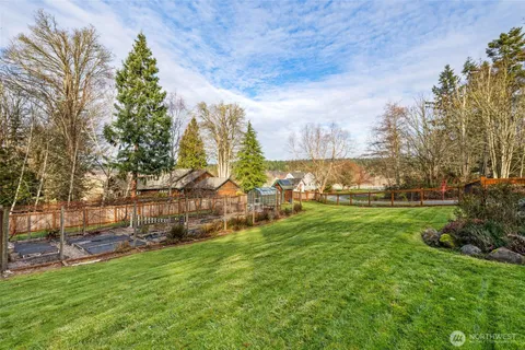 a view of a park with large trees