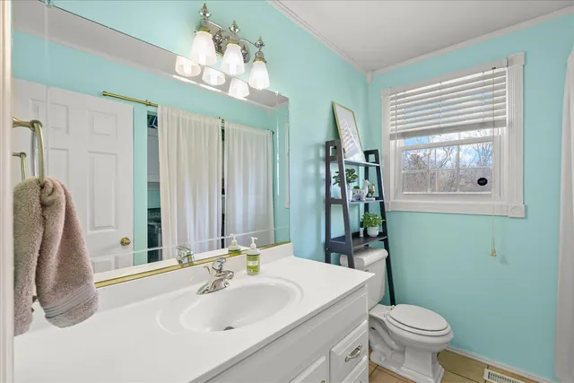 a bathroom with a sink a toilet and a mirror