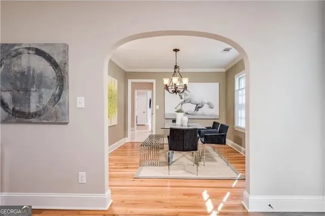 a view of a dining room with furniture