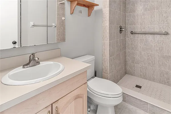 a bathroom with a sink a toilet and shower