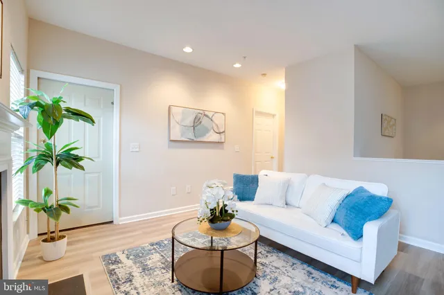a living room with furniture potted plant and window