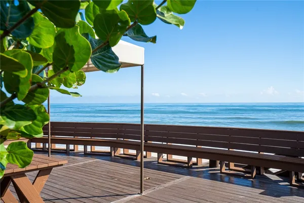 a view of a terrace with wooden floor