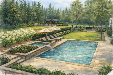 a view of a backyard with swimming pool and outdoor space