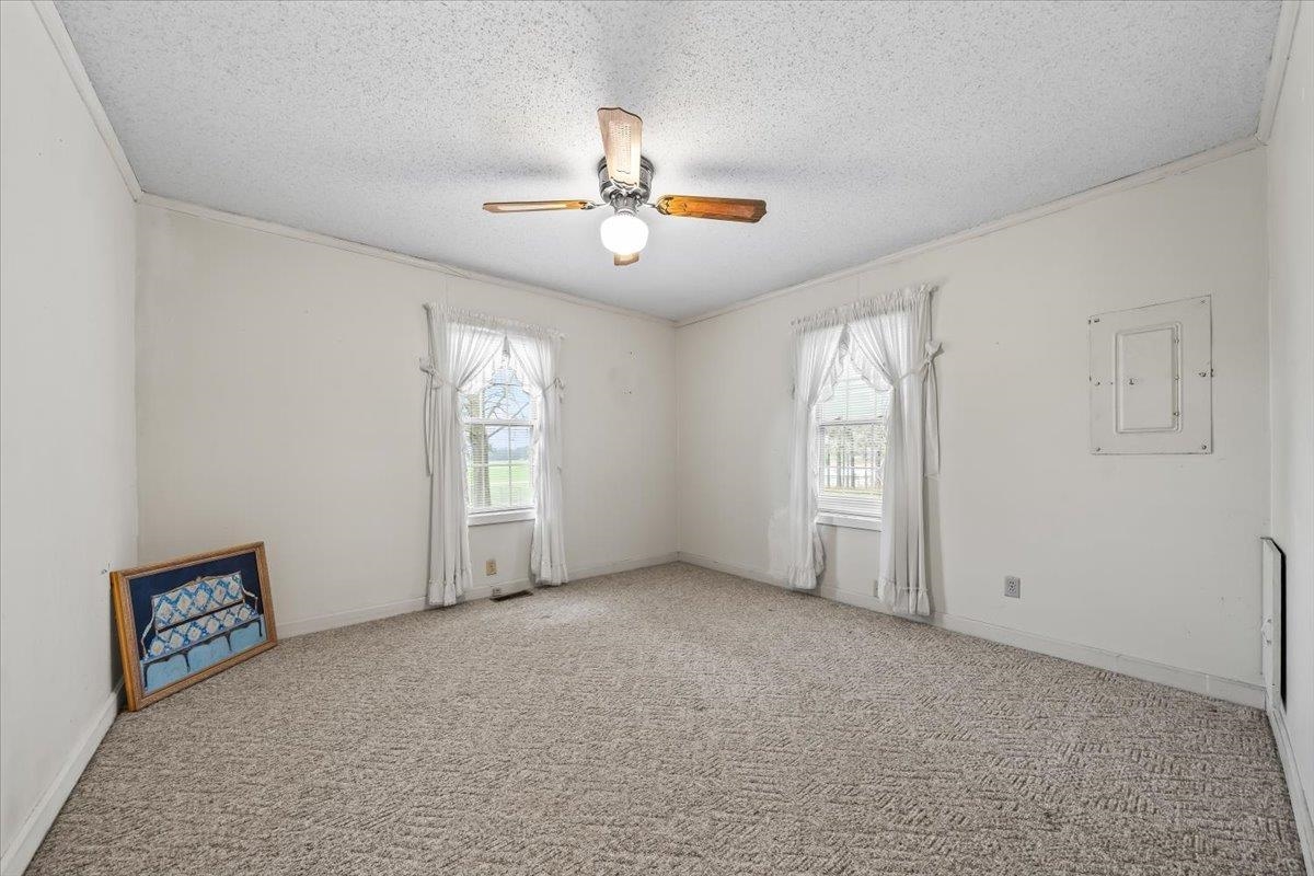 2972 Russell Bond Road Millington, TN 38053 - Photo 24 of 38 Spare room with light colored carpet, electric panel, a textured ceiling, ceiling fan, and crown molding