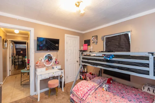 a bed room with a bed and a television