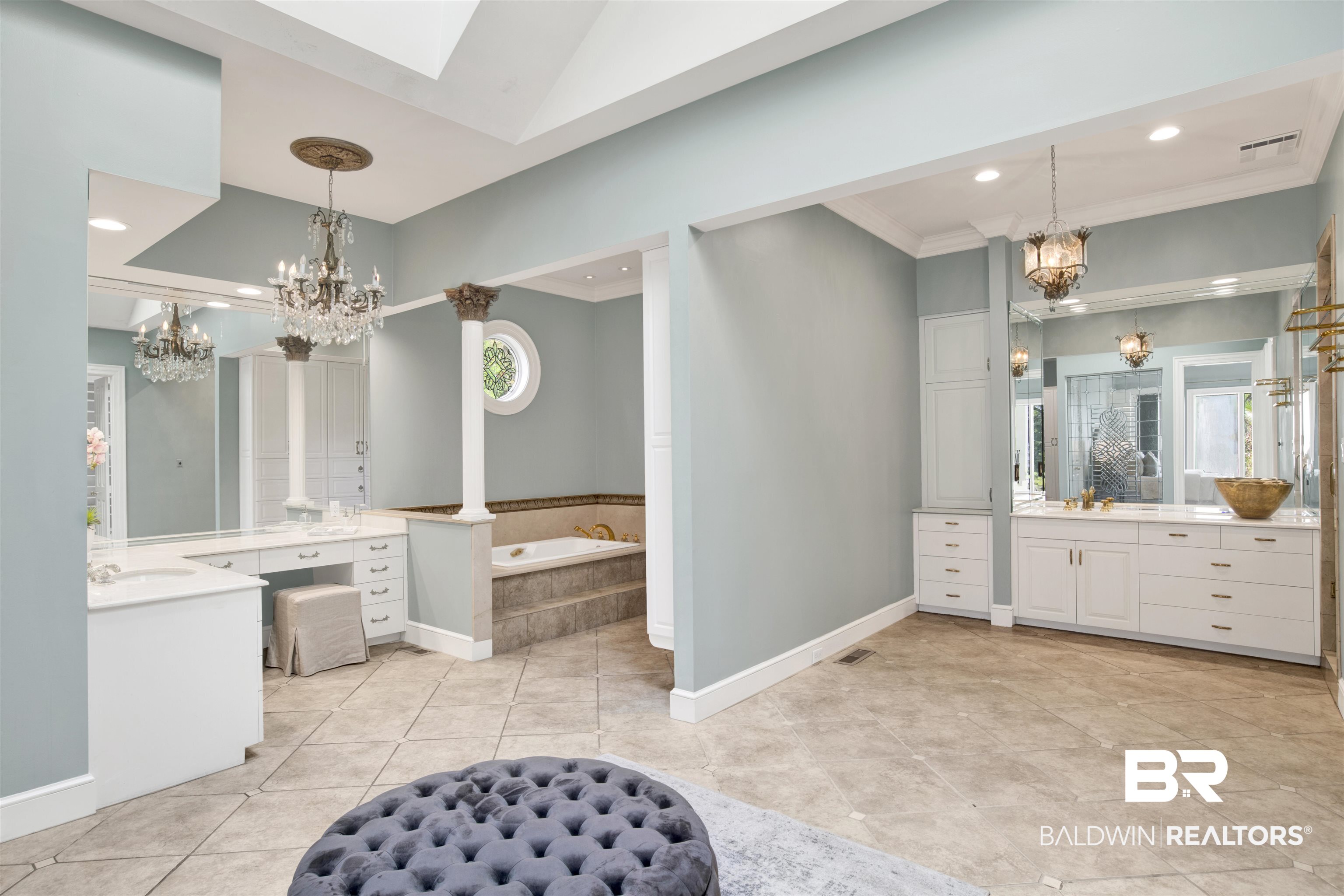 3816 Austill Lane Mobile, AL 36608 - Photo 32 of 80 Full bath with a chandelier, a bath, two vanities, tile patterned floors, and recessed lighting