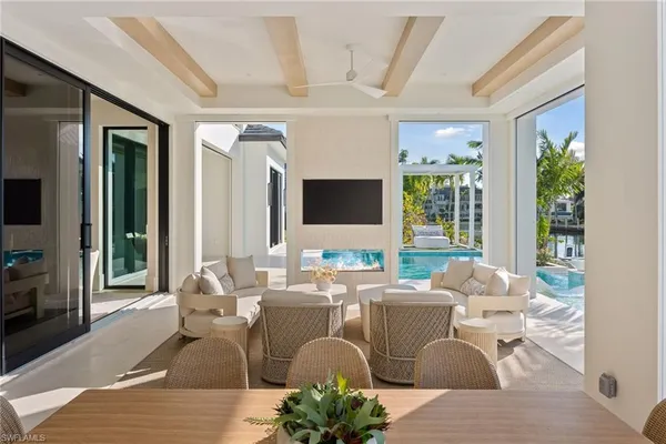 a living room with furniture large window and flat screen tv