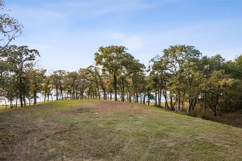 a view of dirt field with trees in the background