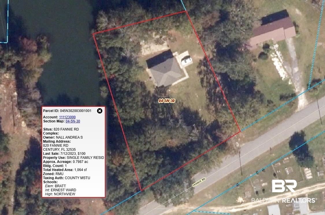820 Fannie Road Century, FL 32535 - Photo 29 of 29 Aerial overview of property's location featuring property boundaries highlighted