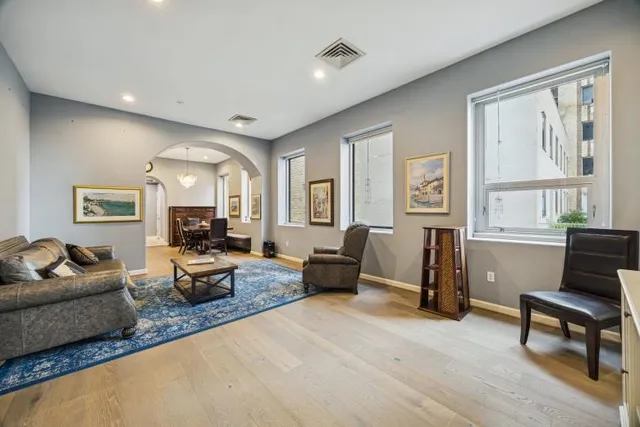 a living room with furniture and a potted plant
