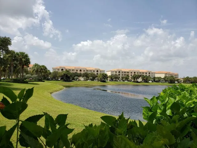 a view of a lake with houses in the back