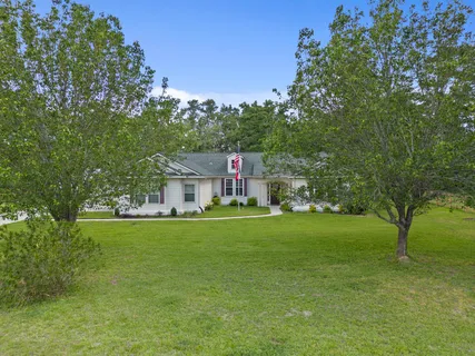 a view of a house with a big yard potted plants and large trees